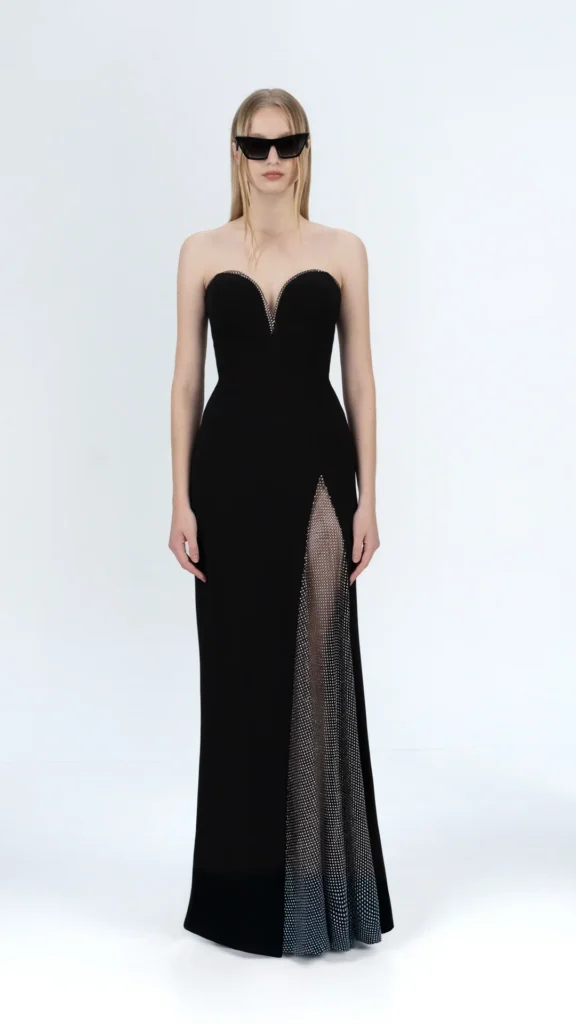 Gorof vestido largo negro corset escote corazon abertura cristales crepe fiesta noche