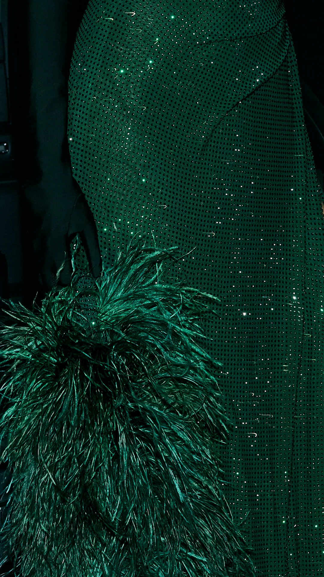 Gorof vestido largo noche fiesta tul cristales plumas verde